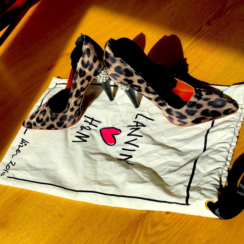 Lanvin H&M Ribbon Leopard Print Crystal Heels Shoes 38
